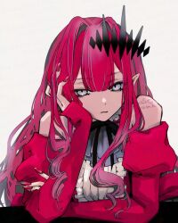  1girl baobhan_sith_(fate) baobhan_sith_(first_ascension)_(fate) commentary_request detached_sleeves dress fate/grand_order fate_(series) frilled_dress frills grey_eyes hair_ornament long_hair looking_at_viewer mipsrh_002e pink_hair pointy_ears red_dress sidelocks solo 