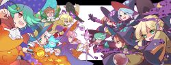  6+boys ^_^ absurdres albert_(outlander)_(puyopuyo) albert_(puyopuyo) aqua_eyes aqua_hat arms_up ascot ateliermineru black_gloves black_hat blonde_hair blue_hair blue_hat blue_shirt brown_cape brown_eyes brown_hat brown_shirt candy cape closed_eyes closed_mouth commentary_request crescent crescent_hat_ornament crescent_print dual_persona facial_hair familiar fire flask food ghost gloves green_eyes green_hair green_hat green_shirt grin hair_ornament hair_over_one_eye hat hat_ornament head_tilt highres holding holding_candy holding_food holding_lollipop holding_potion holding_staff letterboxed lollipop long_hair long_sleeves looking_ahead looking_at_another magic male_focus matthew_(outlander)_(puyopuyo) matthew_(puyopuyo) miriam_(outlander)_(puyopuyo) miriam_(puyopuyo) multiple_boys mustache one_eye_covered open_mouth orange_hat outside_border pacifier parted_lips pink_eyes pink_hair poison potion print_headwear purple_cape purple_hat purple_shirt puyopuyo puyopuyo_quest red_eyes red_hat richard_(outlander)_(puyopuyo) richard_(puyopuyo) round-bottom_flask shirt short_hair simple_background sleeves_past_fingers sleeves_past_wrists smile staff standing star_(symbol) star_hair_ornament star_print sullivan_(outlander)_(puyopuyo) sullivan_(puyopuyo) swirl_lollipop teeth two-sided_fabric two-sided_headwear upper_teeth_only white_ascot white_background white_hair white_shirt witch_hat 