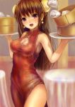  &gt;_&lt; :3 armpits bamboo_steamer blush breasts brown_hair bun_cover china_dress chinese_clothes cleavage cleavage_cutout double_bun earrings food jewelry long_hair nikuman open_mouth original purple_eyes solo sweatdrop taut_shirt tray turtleneck tyun violet_eyes waitress 