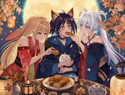  3girls animal_ear_fluff animal_ears belt_buckle belt_collar black_collar black_hair black_sky blonde_hair blue_kimono blush buckle candle chinese_commentary cho_kaguya-hime! closed_mouth collar colored_inner_hair commentary_request creature detached_sleeves droopy_ears fangs feeding flower food food_request full_moon fushi_(cho_kaguya-hime!) green_eyes grey_hair grin hair_intakes hair_rings highres holding holding_creature holding_food japanese_clothes kaguya_(cho_kaguya-hime!) kaguya_(tsukuyomi)_(cho_kaguya-hime!) kimono lantern long_hair long_sleeves moon multicolored_hair multiple_girls night off_shoulder open_mouth orange_flower outdoors paper_lantern plate po!son red_kimono runami_yachiyo runami_yachiyo_(tsukuyomi) sakayori_iroha sakayori_iroha_(tsukuyomi) short_hair sky sleeveless sleeveless_kimono smile straight_hair table teapot twintails vase very_long_hair white_flower wide_sleeves 
