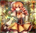  bad_id beret blonde_hair breasts butterfly corset cup detached_sleeves drill_hair fingerless_gloves fork gloves hair_ornament hat highres madoka_runes magical_girl maho_moco mahou_shoujo_madoka_magica pleated_skirt puffy_sleeves skirt smile solo spoon teacup tomoe_mami vines yellow_eyes 