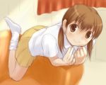  brown_eyes brown_hair feet footwear hourou_musuko kusaka_maichi sasa_kanako school_uniform short_hair short_twintails sitting skirt smile socks twintails 