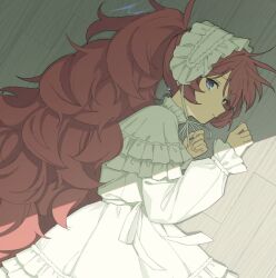  1girl alternate_costume alternate_hairstyle blue_archive blue_halo dress earrings fingernails frilled_dress frills grey_eyes hairband halo iroha_(blue_archive) jewelry lolita_fashion lolita_hairband long_hair long_sleeves looking_at_viewer lying mikan_battery on_floor on_side parted_bangs red_hair sleeves_past_wrists solo white_dress 
