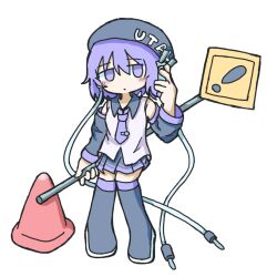 1girl audio_jack bare_shoulders beret black_hat black_skirt black_sleeves black_socks blush blush_stickers cable closed_mouth collared_shirt commentary detached_sleeves dot_mouth hat hat_writing headphones highres holding holding_headphones holding_sign jitome kneehighs koronba long_sleeves nativefaith9696 necktie pleated_skirt purple_hair purple_necktie purple_shirt purple_trim road_sign shirt short_hair sign simple_background skirt socks solo tie_clip traffic_cone utane_uta utau violet_eyes white_background yatsume_ana 