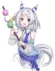  1girl animal_ears bare_shoulders blue_corset blush breasts brown_eyes commentary_request corset dango detached_sleeves ear_covers food grey_hair hair_ornament highres hishi_miracle_(miracle_make-up!)_(umamusume) hishi_miracle_(umamusume) holding horse_ears horse_girl horse_tail kikkasoon long_sleeves looking_at_viewer medium_breasts medium_hair open_mouth sanshoku_dango simple_background smile solo tail umamusume wagashi white_background 