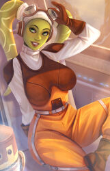  1girl alien arm_behind_back arm_up armor boots breastplate breasts brown_gloves colored_skin commentary droid english_commentary eyelashes gloves goggles goggles_on_head green_eyes green_skin hera_syndulla highres indoors inksilvery large_breasts leather leather_gloves looking_at_viewer orange_overalls overalls parted_lips pilot shirt shoulder_armor sitting smile spacecraft star_wars star_wars_rebels twi'lek white_shirt 