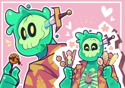  ^_^ closed_eyes colored_skin commentary corn corn_dog dango doug_(monster_prom) egg_(food) english_commentary food green_skin highres holding holding_food monster_prom object_through_head skull slime_(creature) sword_in_head takoyaki wagashi 