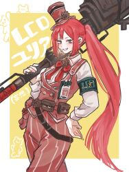  alternate_costume alternate_hairstyle bag bandaid bandaid_on_face belt blush breasts collared_shirt commentary_request cowboy_shot danboru_22 gears grey_eyes hat highres holding holding_weapon holding_wrench lcd_armband limbus_company looking_at_viewer medium_breasts mini_hat pants ponytail project_moon red_hair satchel shirt simple_background smile steampunk striped_clothes striped_pants stuffed_animal stuffed_toy teddy_bear teeth the_distortion_detective top_hat two-tone_background weapon wide_hips wrench yellow_background yuria_(project_moon) 