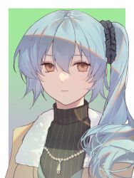  1girl black_scrunchie black_sweater blue_hair border brown_eyes claire_rieveldt closed_mouth commentary double-parted_bangs eiyuu_densetsu english_commentary fur_collar gradient_background green_background hair_between_eyes hair_ornament hair_scrunchie high_side_ponytail highres jacket jewelry looking_at_viewer necklace outside_border pendant qian_ko ribbed_sweater scrunchie sen_no_kiseki_(series) sen_no_kiseki_ii side_ponytail simple_background solo sweater turtleneck turtleneck_sweater upper_body white_border yellow_jacket 