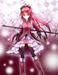  bare_shoulders black_legwear boots detached_sleeves grin hirako long_hair magical_girl mahou_shoujo_madoka_magica pink_eyes pink_hair polearm ponytail sakura_kyouko smile solo spear thigh-highs thighhighs weapon zettai_ryouiki 