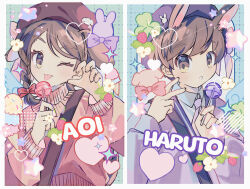  1boy 1girl alternate_costume animal_ears beret blush border braid brown_eyes brown_hair candy character_name collared_shirt commentary_request eyelashes florian_(pokemon) food hands_up hat heart highres holding juliana_(pokemon) korean_commentary lollipop long_sleeves necktie pink_sweater pokemon pokemon_scarlet_and_violet purple_hat revue_(rever_res) shirt sweater tongue tongue_out white_border 