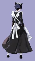  1boy alternate_costume animal_ears apron arms_at_sides black_dress black_shoes black_sleeves blunt_ends cat_ears commentary_request crossdressing crossdressing_(mtf) dress enmaided facing_away fake_animal_ears from_behind full_body genshin_impact grey_background highres long_dress long_sleeves maid maid_apron maid_headdress male_focus male_maid multicolored_hair purple_hair retujyo4go scaramouche_(genshin_impact) shoes socks solo streaked_hair white_apron white_socks 