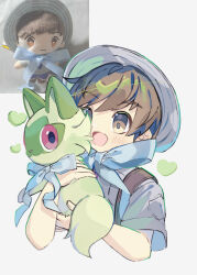  1boy :d blush bow bowtie brown_eyes brown_hair commentary_request cropped_torso florian_(pokemon) grey_hat happy hat highres holding holding_pokemon korean_commentary male_focus open_mouth photo_inset pokemon pokemon_(creature) pokemon_scarlet_and_violet reference_photo revue_(rever_res) shirt short_hair short_sleeves smile sprigatito white_background 