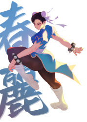  1girl boots bracelet breasts brown_eyes brown_hair bun_cover chinese_clothes chun-li double_bun dress earrings gewwyart hair_bun highres jewelry pantyhose pelvic_curtain qipao short_hair side_slit solo spiked_bracelet spikes standing standing_on_one_leg street_fighter thick_thighs thighs white_boots 
