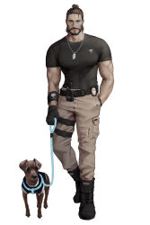  1boy absurdres ankle_boots armband beard belt black_belt black_boots black_gloves black_shirt blue_eyes boots brown_hair closed_mouth cocoro_moto commentary crew_neck dog dog_tags english_commentary facial_hair full_body gloves hair_bun hand_in_pocket highres holding holding_leash leash lips male_focus manly mature_male muscular muscular_male nose original realistic shirt short_hair short_sleeves simple_background single_hair_bun solo standing t-shirt thigh_belt thigh_strap tight_clothes tight_shirt veins veiny_arms walkie-talkie white_background 