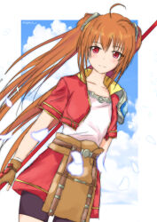  1girl ahoge alphen_z armor artist_name bike_shorts bike_shorts_under_skirt black_bike_shorts black_shorts blue_sky blurry blurry_foreground bo_staff border brown_gloves brown_hair closed_mouth clouds commentary_request cropped_jacket double-parted_bangs dutch_angle eiyuu_densetsu estelle_bright falling_petals fingerless_gloves floating_hair gloves hair_between_eyes hairband highres holding holding_behind_back holding_staff holding_weapon holding_weapon_behind_back jacket leather leather_gloves light_smile long_hair looking_at_viewer metal_hairband open_clothes open_jacket outside_border pauldrons petals red_eyes red_skirt shirt shirt_tucked_in short-sleeved_jacket short_sleeves shorts shorts_under_skirt shoulder_armor single_pauldron skirt sky solo sora_no_kiseki sora_no_kiseki_fc staff twintails twitter_username upper_body very_long_hair weapon white_border white_petals white_shirt 