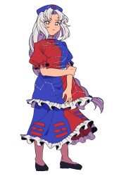  1girl black_shoes blue_dress blue_hat braid closed_mouth commentary_request constellation_print cross cross_print dress expressionless frilled_dress frills grey_hair hat highres long_hair looking_at_viewer nurse_cap orange555_555 print_dress print_hat puffy_short_sleeves puffy_sleeves red_cross red_dress shoes short_sleeves simple_background single_braid solo touhou two-tone_dress very_long_hair white_background yagokoro_eirin yellow_eyes 