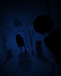  1boy 1girl black_hair box brother_and_sister commentary dutch_angle english_commentary hair_over_eyes hallway hellmari_(omori) highres mari_(faraway)_(omori) mari_(omori) nrdeluxe omori shadow siblings sunny_(omori) 