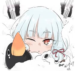  ? ?? blue_hair blunt_bangs blunt_tresses blush commentary_request dated failure_penguin floating_headgear hair_ribbon headgear hikashima_(shiofune) kantai_collection looking_at_viewer miss_cloud murakumo_(kancolle) one_eye_closed parted_lips portrait red_ribbon ribbon signature tress_ribbon 