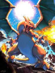  absurdres blue_eyes breath_weapon breathing_fire charizard claws commentary_request dragon_horns fangs fire flame-tipped_tail highres horns open_mouth pokemon pokemon_(creature) pokemon_focus smile_(qd4nsvik) tail wings 