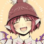  animal_ears blush close-up closed_eyes face fangs hat mystia_lorelei open_mouth portrait red_hair redhead shiba_itsuki short_hair simple_background smile solo touhou wings 