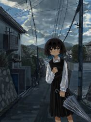  1girl black_dress black_hair blue_eyes blue_hair bonsaii00 building closed_mouth clouds cloudy_sky collared_shirt colored_inner_hair day dress feet_out_of_frame highres holding holding_umbrella house long_sleeves looking_at_viewer multicolored_hair original outdoors overcast pinafore_dress power_lines road shirt short_hair skirt sky sleeveless sleeveless_dress slice_of_life solo standing tree two-tone_hair umbrella utility_pole white_shirt 