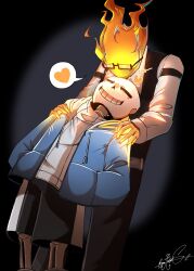  2026 2boys 2d behind_another belt black_background black_bowtie black_pants black_shorts black_vest blue_jacket bowtie closed_eyes collared_shirt commentary cowboy_shot dark_background digital_media drawstring duo elemental_(creature) english_commentary fire_elemental flaming_head glasses gradient_background grillby hands_in_pockets hands_on_another's_shoulders heart highres hollow_eyes hood hood_down hooded_jacket humanoid jacket kiss kiss_from_behind kissing_forehead long_sleeves male male_focus male_only monster monster_boy multiple_boys no_mouth open_clothes open_jacket orange_skin pants rectangular_eyewear sans_(undertale) shirt shorts signature single_vertical_stripe skeleton socks sonojackpot spoken_heart standing striped_clothes striped_shorts teeth undead undertale utdr_(toby_fox) vertical-striped_clothes vertical-striped_shorts vest white_shirt white_socks white_stripes yaoi 