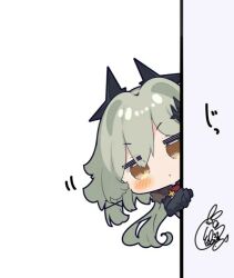 1girl caesar_king_(zenless_zone_zero) chibi hiding long_hair peeking wall zenless_zone_zero