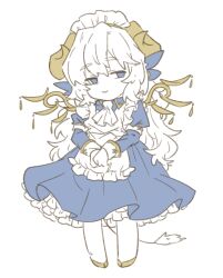  1boy apron argalia_(project_moon) blue_eyes closed_mouth crossdressing crossdressing_(mtf) full_body gold_horns horns library_of_ruina lily26983455 long_hair maid maid_headdress male_maid metal_wings pantyhose petticoat project_moon sidelocks simple_background smile solo very_long_hair wavy_hair white_apron white_background white_hair white_pantyhose 