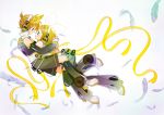  1boy 1girl aqua_eyes arm_gloves arm_warmers blonde_hair blush boy boy_and_girl collar feather feathers female fingerless_gloves girl hair_bow hairpin headphones highres hug in_air kagamine_len kagamine_len_(append) kagamine_rin kagamine_rin_(append) leg_warmers len_append male ponytail popped_collar ribbon rin_append shorts vest vocaloid vocaloid_append 