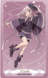  1girl absurdres analog_clock bare_legs beads beret black_boots black_bow black_cloak black_hat black_shirt black_shorts boots bow card cloak clock collared_shirt cropped_shirt dot_nose footwear_bow frilled_cloak frilled_skirt frills glowing hair_beads hair_ornament happy hat hat_bow highres light_particles long_hair long_sleeves looking_at_viewer magia_record:_mahou_shoujo_madoka_magica_gaiden magical_girl mahou_shoujo_madoka_magica mahou_shoujo_madoka_magica_magia_exedra midriff mini_hat miniskirt multi-tied_hair neck_ribbon non-web_source official_art open_mouth pink_eyes pink_hair pink_ribbon purple_background purple_bow purple_cloak purple_hood purple_skirt ribbon roman_numeral scan self-scan shirt shorts shorts_under_skirt skirt solo soul_gem_(madoka_magica) tamaki_ui tareme two-tone_cloak 