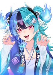  1girl absurdres achichi_mela aqua_hair black_hair blue_happi breath_weapon breathing_fire claw_pose commentary fire happi higeji_(higeji404) highres hololive japanese_clothes long_hair long_sleeves looking_at_viewer multicolored_hair multicolored_nails open_mouth pink_eyes sharp_teeth simple_background solo teeth two_side_up virtual_youtuber white_background 