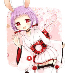  1girl animal_ears cherry_blossoms commentary_request floral_print frilled_thighhighs frills gekokujou_hana hair_ornament iipoyo_(364poyo) japanese_clothes kimono magical_girl mahou_shoujo_ikusei_keikaku obi open_mouth purple_hair rabbit_ears rabbit_girl red_eyes sash short_hair smile thigh-highs waving white_thighhighs wide_sleeves 