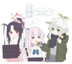  >_< 4girls :t baked_potato baseball_cap black_hair black_scarf black_scrunchie blue_archive blush chopsticks demon_horns flower food fuuka_(blue_archive) fuuka_(new_year)_(blue_archive) green_eyes green_jacket grey_hair hair_bun hair_flower hair_on_horn hair_ornament halo hare_(blue_archive) hare_(camp)_(blue_archive) hat holding holding_food horns jacket japanese_clothes kimono long_hair long_sleeves mika_(blue_archive) mikan_battery multicolored_halo multiple_girls official_alternate_costume open_clothes open_jacket parted_lips pink_hair pink_halo ponytail pout red_eyes roasted_sweet_potato scarf scrunchie simple_background single_side_bun sweet_potato translation_request ui_(blue_archive) white_background wrist_scrunchie yellow_halo 