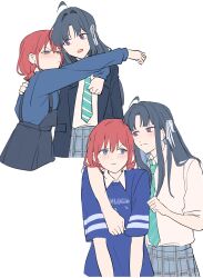  2girls :/ absurdres ahoge aqua_necktie arm_around_neck awa_subaru black_hair black_jacket black_overalls blazer blue_shirt closed_mouth collared_shirt commentary diagonal-striped_clothes diagonal-striped_necktie frown girls_band_cry grey_skirt hair_intakes hair_ribbon highres hug hug_from_side iseri_nina jacket long_hair long_sleeves looking_at_another looking_to_the_side multiple_girls multiple_views necktie open_clothes open_jacket open_mouth overall_skirt overalls plaid_clothes plaid_skirt pleated_skirt red_hair ribbon shirt short_hair sideways_glance simple_background skirt striped_clothes striped_necktie violet_eyes white_background white_ribbon white_shirt yuri yuri_mandu 