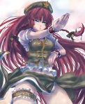  bell beret blue_eyes bow braid china_dress chinese_clothes fighting_stance garters hair_bow hair_ornament hat highres hong_meiling leg_garter long_hair midriff navel panzer red_hair redhead solo thigh_strap thighs touhou very_long_hair wrist_cuffs wristband 