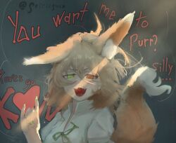  1girl absurdres animal_ear_fluff animal_ears artist_name blonde_hair commentary english_commentary english_text fangs fingernails fox_ears fox_girl fox_shadow_puppet fox_tail green_background green_nails green_ribbon hair_between_eyes hand_up heart heart_in_mouth highres ko~n kudamaki_tsukasa long_hair_between_eyes looking_at_viewer medium_hair nail_polish one_ear_down open_mouth petricpwnz portrait red_pupils ribbon romper sharp_fingernails short_sleeves sidelocks simple_background smile solo symbol_in_eye tail tail_raised teeth tongue touhou twitter_username upper_teeth_only white_romper 