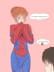  alternate_costume blue_eyes blush brown_hair closed_mouth commentary cosplay english_commentary hair_bun highres jean_grey looking_at_viewer marvel orange_hair peter_parker pink_background short_hair sleepy_almn spider-man spider-man_(cosplay) spider-man_(original_suit) spider-man_(series) superhero_costume x-men 