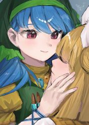  2girls absurdres ao_hoshi apron arm_ribbon artist_name blonde_hair blue_hair blue_ribbon blush closed_eyes closed_mouth commentary_request dress green_apron green_headscarf grey_background hair_bun hair_ribbon hand_on_another's_cheek hand_on_another's_face haniyasushin_keiki headscarf highres jewelry joutouguu_mayumi long_hair looking_at_another magatama magatama_necklace medium_hair multiple_girls nail_polish necklace object_in_pocket pink_nails pocket profile red_eyes ribbon signature simple_background sketch split_mouth touhou upper_body white_ribbon yellow_dress yuri 
