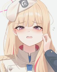  1girl absurdres aiguillette beret blonde_hair blonde_student_council_president_(blue_archive) blue_archive blush cheek_pinching coat commentary epaulettes flying_sweatdrops halo hat highres long_hair looking_at_viewer lunar_(pixiv53683306) multicolored_halo open_mouth pinching portrait red_halo simple_background solo straight-on two-tone_halo untranslatable_commentary violet_eyes white_background white_coat white_hair white_halo 