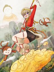  1girl 1other animal_print black_shorts blonde_hair buddha colorful_clouds commentary_request cosplay double-parted_bangs full_body headband holding holding_staff karst kimi_no_koto_ga_dai_dai_dai_dai_daisuki_na_100-nin_no_kanojo kneehighs kusanochika leg_ribbon leggings long_sleeves looking_at_viewer monkey monkey_girl monkey_tail on_cloud red_shirt ribbon ruyi_jingu_bang scarf shirt short_hair shorts smile socks staff sun_wukong sun_wukong_(cosplay) sutou_iku symbol-shaped_pupils tail thick_eyebrows thigh_ribbon tiger_print tree violet_eyes yellow_scarf 