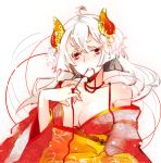  blush breasts cleavage colored_eyelashes eyelashes hair_ornament horns japanese_clothes kimono large_breasts long_hair mouth_hold original red_eyes ribbon solo tensui_(yumemoyou) white_hair 