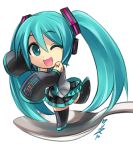  aqua_eyes aqua_hair chibi detached_sleeves hatsune_miku headset kriss_sison long_hair minigirl open_mouth skirt sleeves_past_wrists smile solo spoon tattoo transparent_background twintails very_long_hair vocaloid wink 