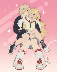  2girls absurdres bare_legs blonde_hair blush commentary contemporary dungeon_meshi elf falin_touden falin_touden_(tallman) green_eyes highres hug hug_from_behind loose_necktie marcille_donato mmmmuda multiple_girls necktie official_alternate_costume pointy_ears school_uniform sitting sitting_on_lap sitting_on_person smile socks yuri 