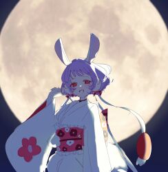  1girl absurdres animal_ears blush floral_print gekokujou_hana hair_ornament highres japanese_clothes kimono long_hair looking_at_viewer magical_girl mahou_shoujo_ikusei_keikaku mahou_shoujo_ikusei_keikaku_limited malu_661 moon obi open_mouth purple_hair rabbit_ears rabbit_girl red_eyes sash smile white_kimono wide_sleeves 