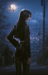  1girl absurdres arm_at_side ass black_hair black_jacket black_pantyhose black_shorts building cigarette city closed_mouth commentary cowboy_shot denim denim_shorts english_commentary fangda from_behind full_moon highres jacket long_sleeves looking_at_viewer looking_back medium_hair moon night o-ring o-ring_thigh_strap original outdoors outside_border pantyhose pantyhose_under_shorts power_lines profile road road_sign short_shorts shorts sign skyscraper smoking solo standing street thigh_strap tree turning_head utility_pole 