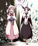  alternate_hair_color alternate_hair_length alternate_hairstyle angel_wings bat_wings book closed_eyes crescent feathers hat head_wings koakuma light_smile long_hair low_wings mary_janes multiple_girls necktie no_socks patchouli_knowledge pink_hair purple_eyes purple_hair red_eyes sakuraba_yuuki shoes short_hair single_shoe standing the_embodiment_of_scarlet_devil touhou v_arms vest wings 
