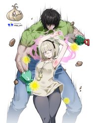  1boy 1girl absurdres armpits arms_up artist_logo artist_name bags_under_eyes bandaid bandaid_on_face black_hair black_hairband black_pantyhose blue_pants blunt_bangs bob_cut character_request commentary cowboy_shot debris english_commentary frown garlic garlic_(plants_vs._zombies) gas gloves green_gloves green_shirt grey_hair grey_shirt hair_over_eyes hairband hand_on_own_arm highres holding holding_trowel inhaling logo meme motion_lines muscular muscular_male nisp_art object_and_personification official_art_inset pants pantyhose personification photo_inset pink_eyes plants_vs._zombies reference_inset sentient_plant shirt short_hair simple_background smell smelling tank_top teeth trowel ultraman's_"my_favorite"_(meme) white_background 
