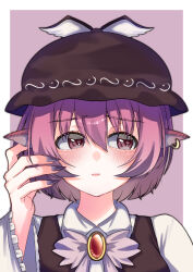  1girl absurdres animal_ears bird_ears blush bow bowtie brooch brown_dress brown_eyes brown_hat closed_mouth collared_shirt commentary_request dress ear_blush hat highres jewelry long_sleeves mystia_lorelei pinafore_dress pink_bow pink_bowtie pink_hair popipopi_tan portrait shirt short_hair sleeveless sleeveless_dress solo touhou white_shirt winged_hat 