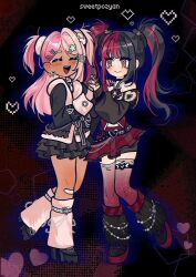  2girls ^_^ asymmetrical_skirt bandaid bandaid_on_knee bandaid_on_leg belt belt_buckle bike_shorts black_belt black_bow black_choker black_hair black_jacket black_leg_warmers black_ribbon black_shirt black_shoes black_shorts black_skirt blood blood_splatter blue_outline bow buckle chain chain_necklace choker closed_eyes closed_mouth clothing_cutout collared_shirt commentary dark-skinned_female dark_skin english_commentary eyelashes fingernails frilled_skirt frills full_body fur-trimmed_jacket fur-trimmed_sleeves fur_leg_warmers fur_trim glitter gradient_thighhighs gyaru hair_bow hair_ornament hair_scrunchie hairclip halftone halftone_background hand_on_another's_shoulder happy heart heart-shaped_buckle heart_hair_ornament heart_print highres infinity_nikki interracial jacket jewelry john_lalonde knees leg_belt leg_warmers light_blush loafers long_hair long_sleeves looking_at_another miniskirt multicolored_hair multicolored_shoes multiple_girls necklace neon_heartbeat_(infinity_nikki) nikki_(series) off-shoulder_shirt off_shoulder open_mouth outline parallel_hairclips pink_eyes pink_hair pink_leg_warmers pink_scrunchie pink_shirt plaid_clothes plaid_skirt platform_shoes pleated_skirt print_jacket puffy_long_sleeves puffy_sleeves punk rainbow_hair_ornament red_background red_hair red_shirt red_shoes red_skirt red_thighhighs ribbon ribbon_earrings rosie_sweetheart_(infinity_nikki) scrunchie shirt shoes shorts shorts_under_skirt skirt sleeves_past_wrists smile split-color_hair standing star_(symbol) star_hair_ornament stomach_cutout studded_belt studs teeth thigh-highs torn_clothes torn_thighhighs twintails two-tone_hair two-tone_shirt two-tone_shoes upper_teeth_only waist_ribbon white_belt winged_heart x_hair_ornament y2k_fashion yellow_ribbon yuri 